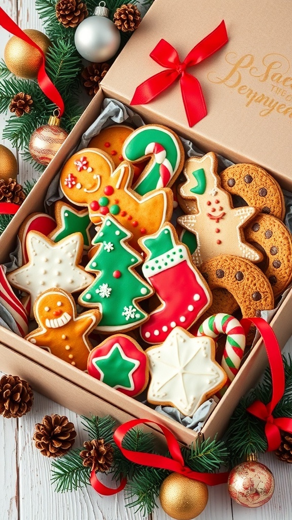 A festive cookie box filled with assorted Christmas cookies, decorated with ribbons and holiday accents.